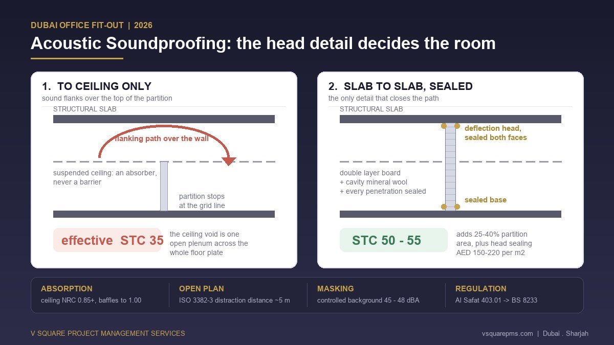 Sectional diagram comparing two Dubai office partitions: on the left a deflection-head partition stopping at the suspended ceiling with sound flanking over the top through the ceiling void, on the right a slab-to-slab acoustic partition with double-layer board, cavity insulation and a sealed head detail, with ceiling baffles, an absorbent ceiling plane, an acoustic door set and an STC ladder from 35 to 55 shown alongside.