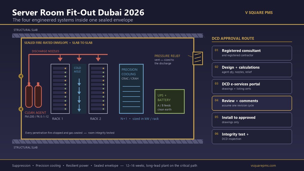 Cutaway schematic of a Dubai server room fit-out showing the fire-rated sealed envelope from slab to slab, a clean agent cylinder bank with discharge nozzles and pressure relief damper, a precision CRAC unit with hot and cold aisle containment across two racks, the UPS and battery position, and the Dubai Civil Defence submission and inspection sequence running alongside.