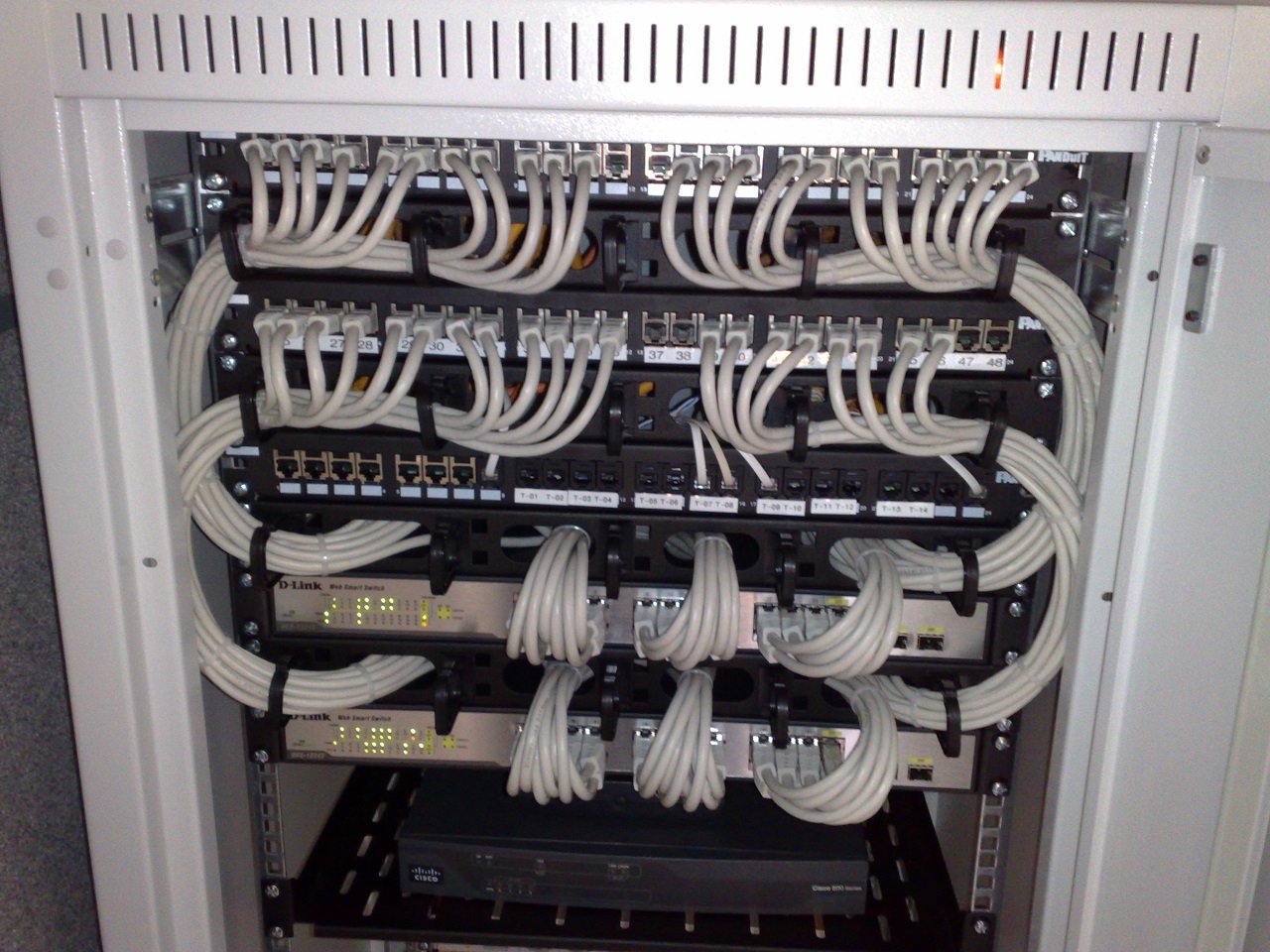 Structured cabling fit out Dubai - Cat6 patch cables dressed into Panduit patch panels above D-Link switches in a 19-inch server rack